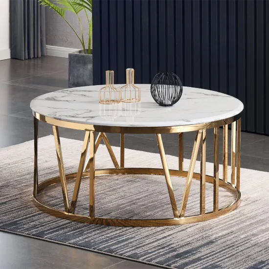 Quadratischer Couchtisch aus modernem Design mit weißer Marmorplatte und goldfarbenem Edelstahl für Wohnzimmermöbel